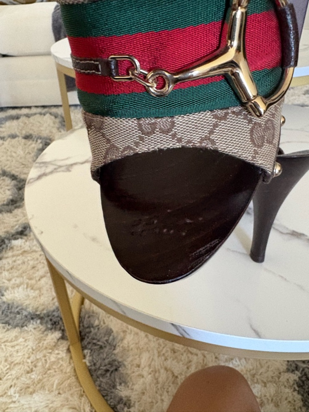 Gucci Brown GG Canvas Wood Platform Slides with Red and Green Web - Picture 15 of 16